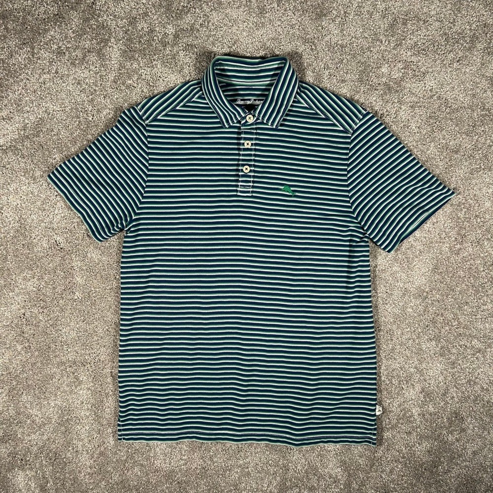 Tommy Bahama IslandZone Mens Blue Green Striped Vintage Polo Shirt Medium